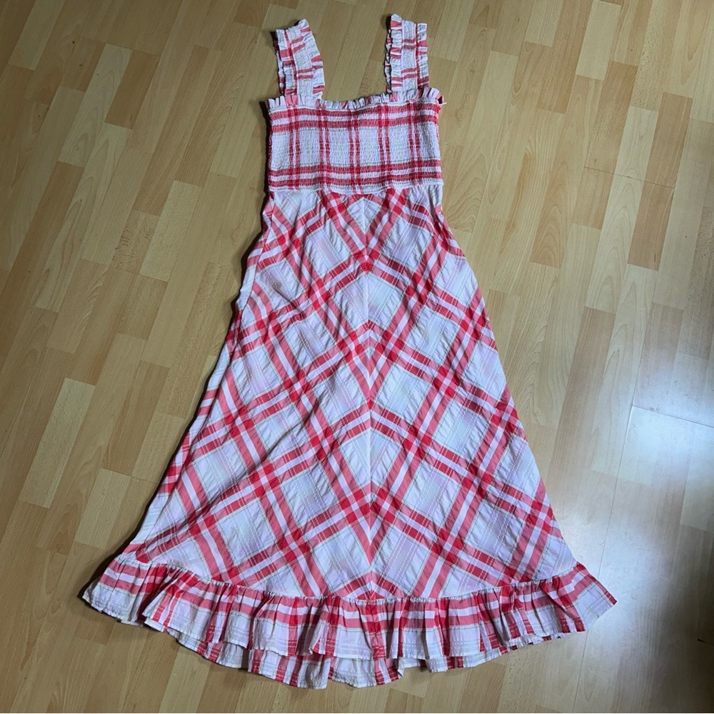 Ganni Red and White Seersucker Checkered Maxi Dress Size 40 - Picture 6 of 15